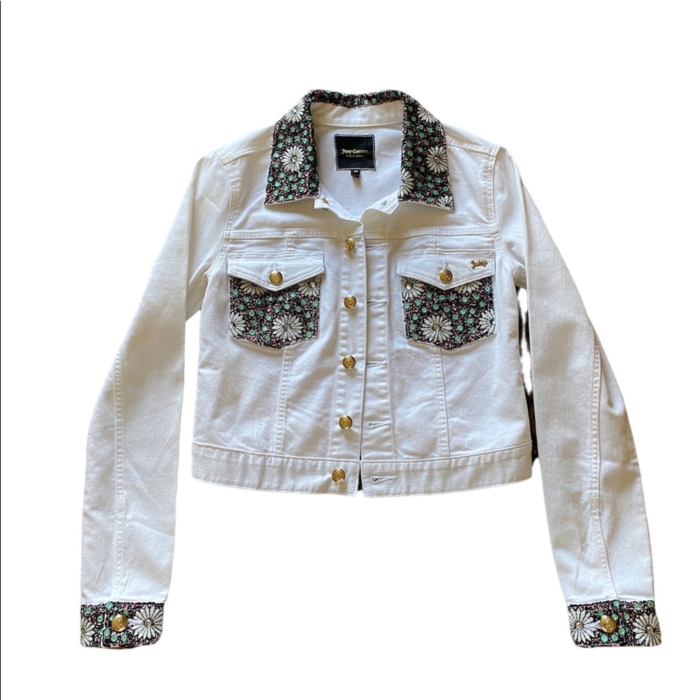 Juicy Couture White Cropped Denim Jacket, with multicolored writing/ flowers